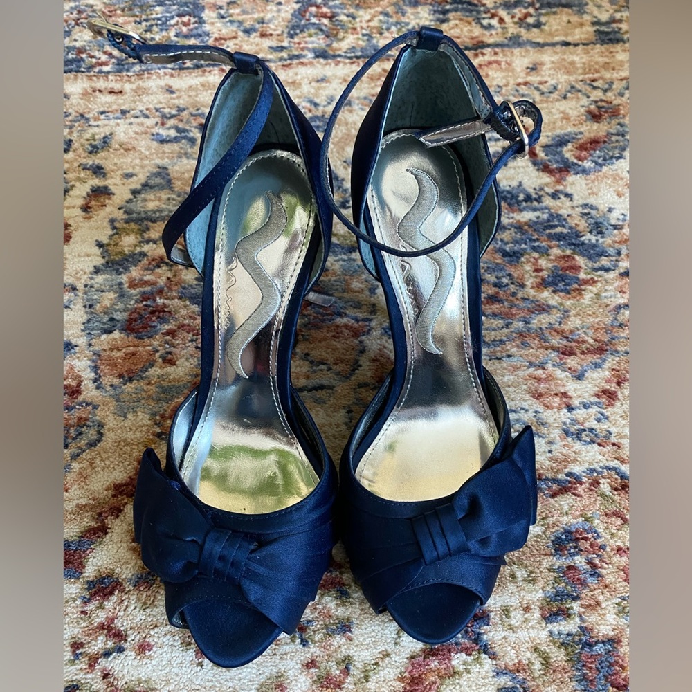Nina Dark Blue Satin Heels with Ankle Strap